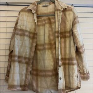 old navy tan, beige, white, pink striped flannel with buttons